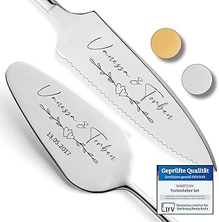 SMARTEON Tortenheber inkl. Tortenmesser im Set mit persönlicher Gravur als Geschenk zur Hochzeit, Jahrestag, Geburtstag - Hochzeitsgeschenke für Brautpaare - Silberfarbenes Set in Geschenkbox