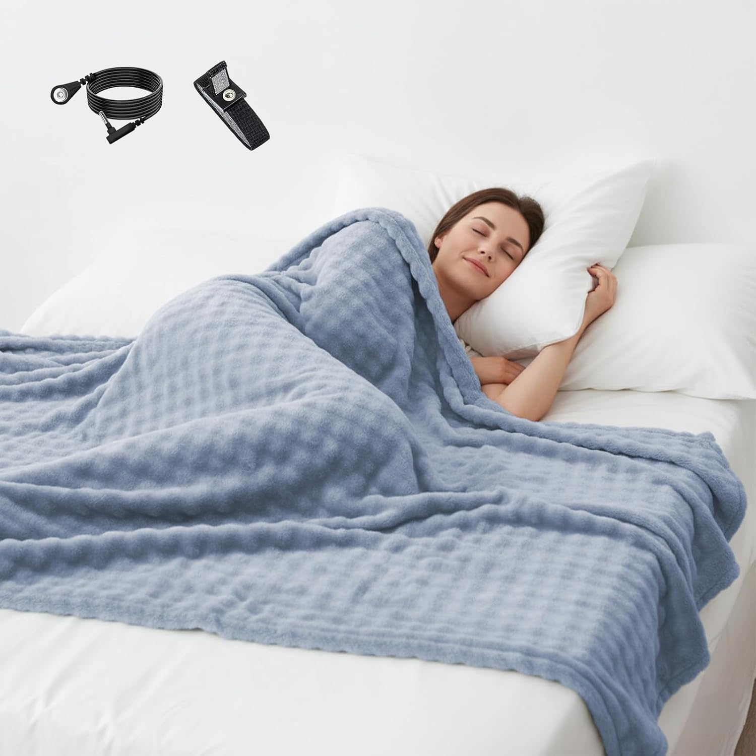 Grounding Blanket Grounding Sheets Queen, Grounding Throw with Grounding Wristband for Improved Sleep,Conductive Grounded Mat for Bed with Grounding Wire (Blue, Baby)