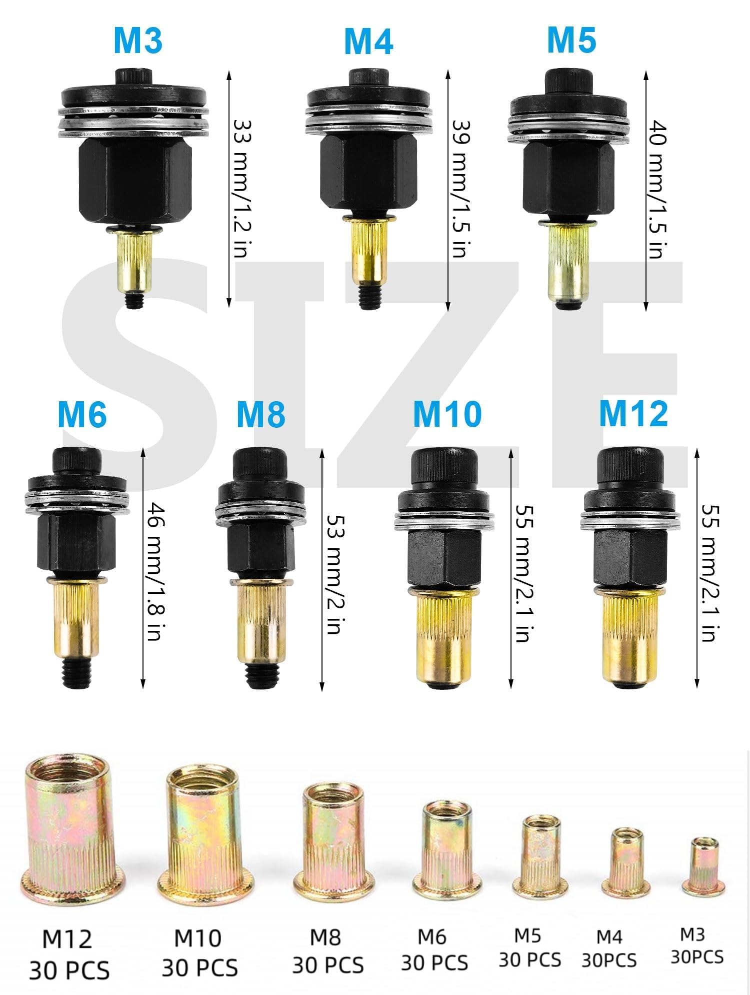 Set Rivettatrice Manuale 217 Pezzi Inserti Filettati M3 M4 M5 M6 M8 M10 M12 Nero