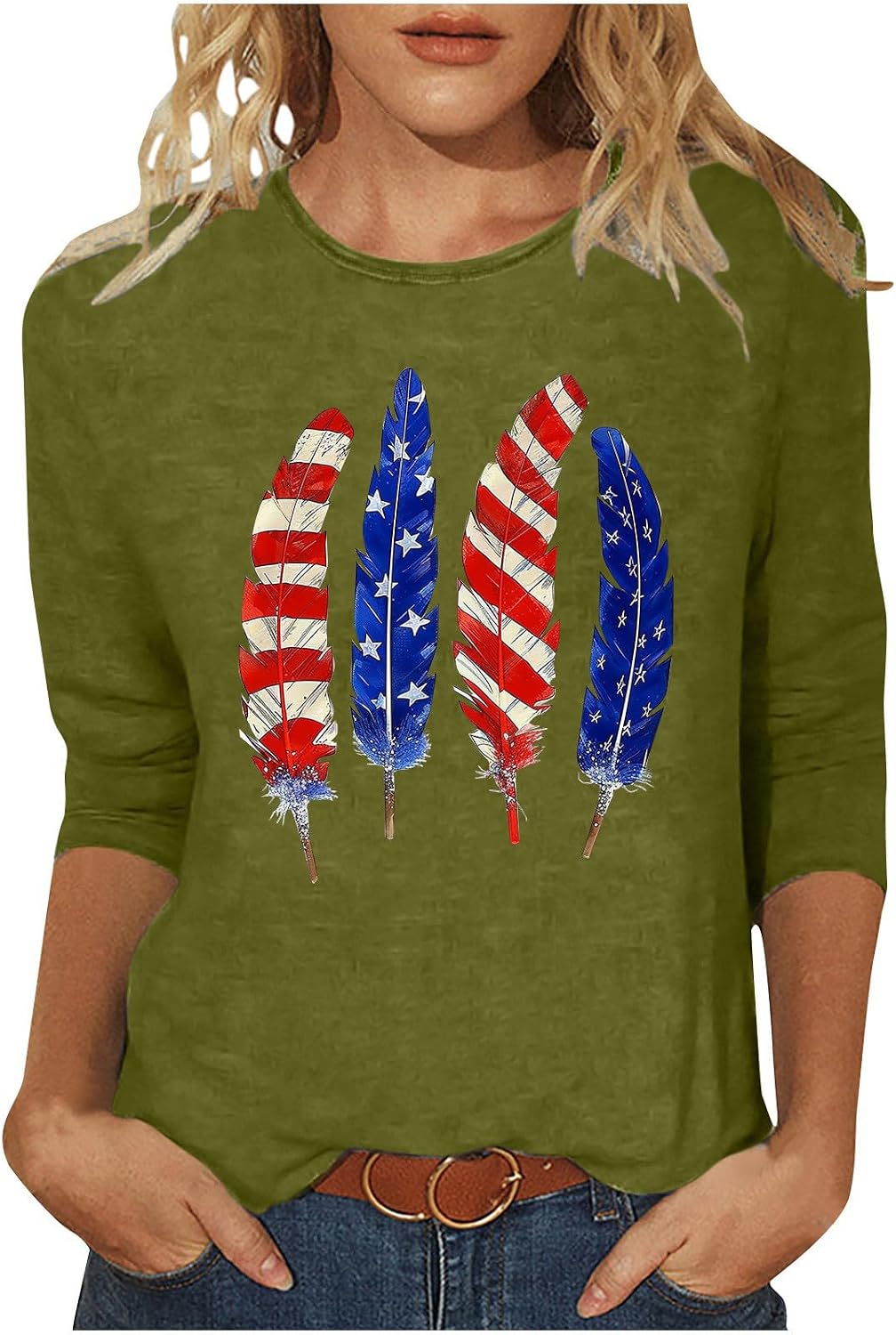 Independence Day Shirts Women's 3/4 Sleeve Tops Crew Neck Loose Blouses Independence Day 2026 Holiday Shirt