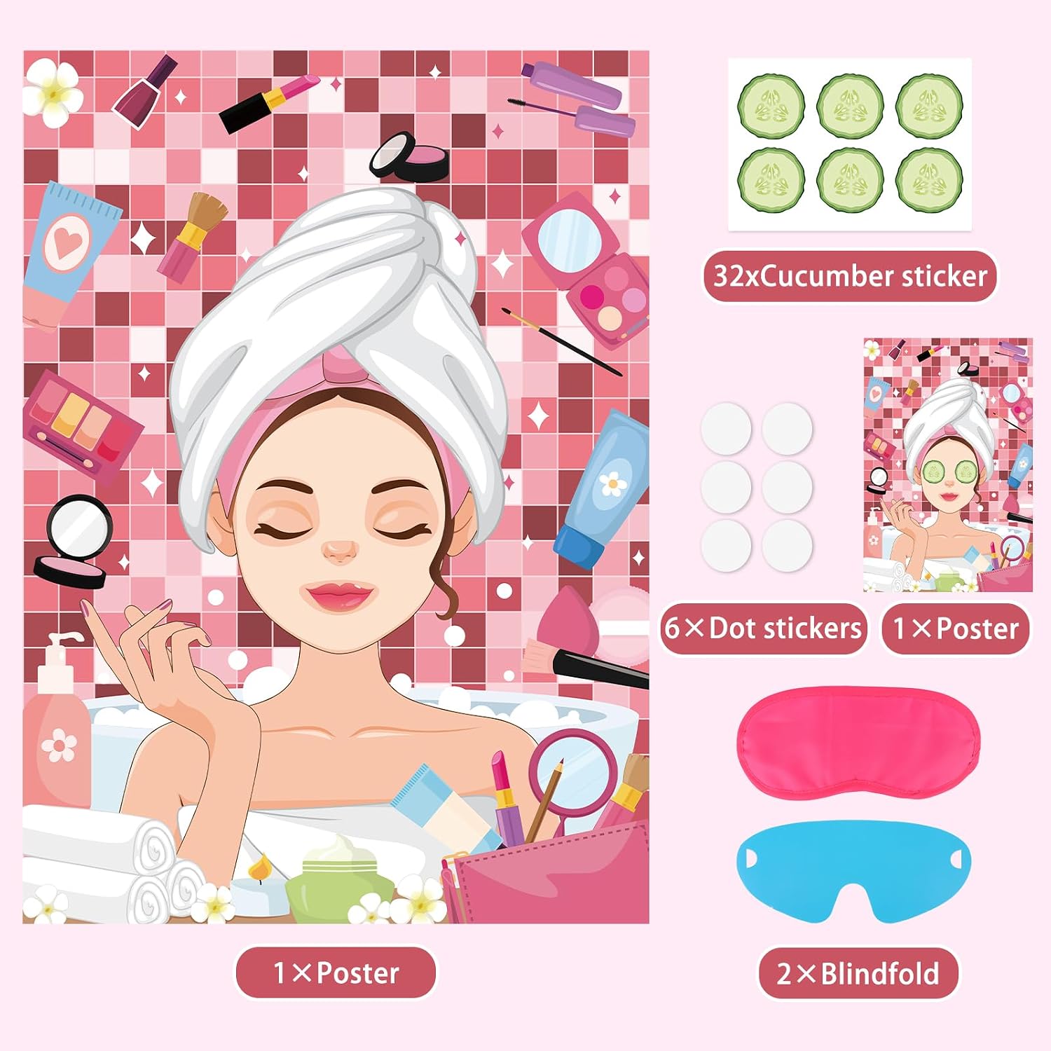 Hooqict Spa Party Games Pin The Cucumbers on The Girl Spa Birthday Party Supplies for Kids Girls Women, Large Sleepover Slumber Pin The Games Poster with 42 Cucumber Stickers