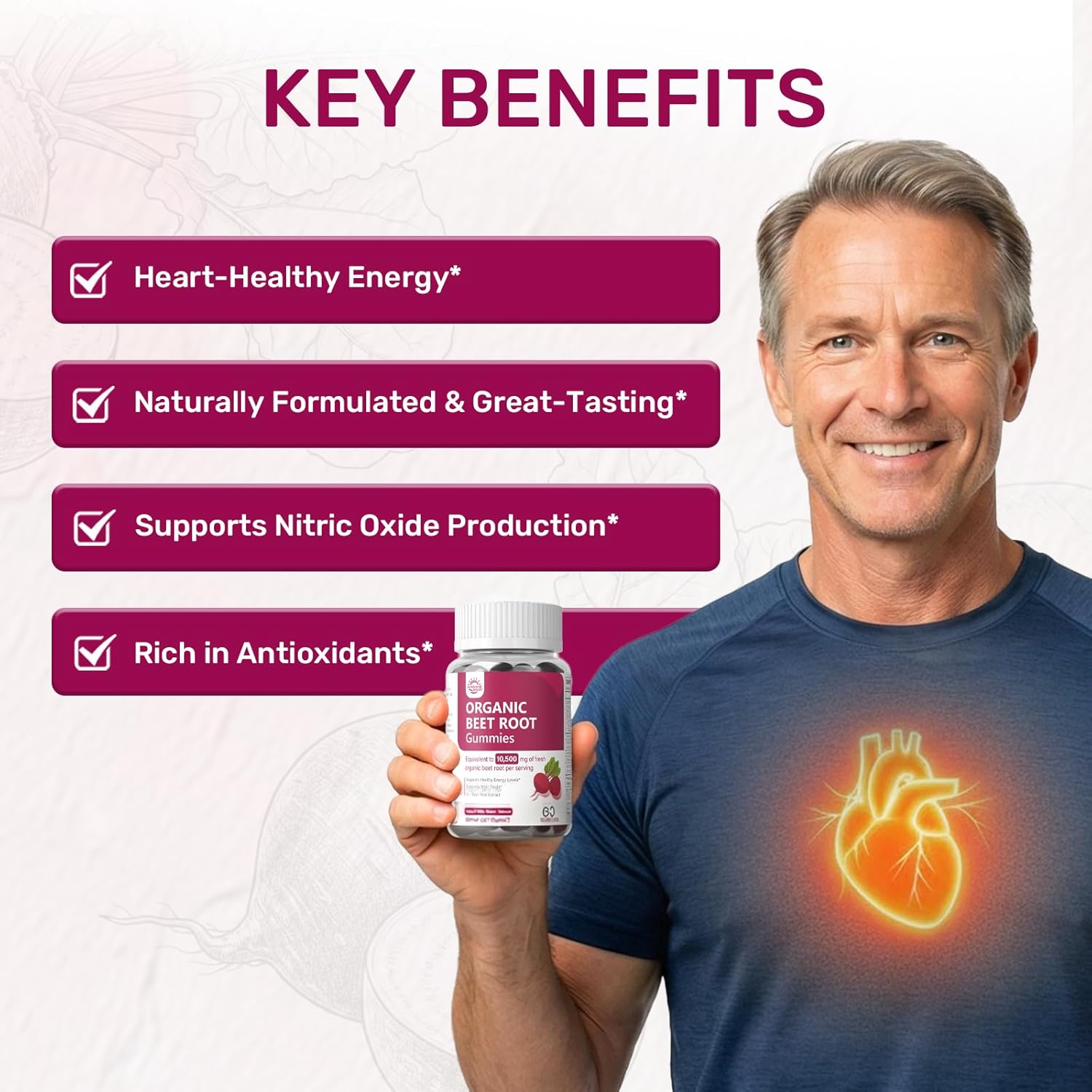 Organic Beet Root Gummies – Nitric Oxide Beetroot Gummies for Circulation, Heart & Energy Support with 21:1 Extract, Grape Seed & Black Pepper for Absorption – Sugar Free, Vegan, Non-GMO丨60 Gummies