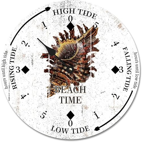 Beach Time Conch Tide Clock Ocean Time Coastal Wood Tidal Clock with High Tide Low Tide Non-Ticking Battery Operated Tide Clock 10" Tide Movement