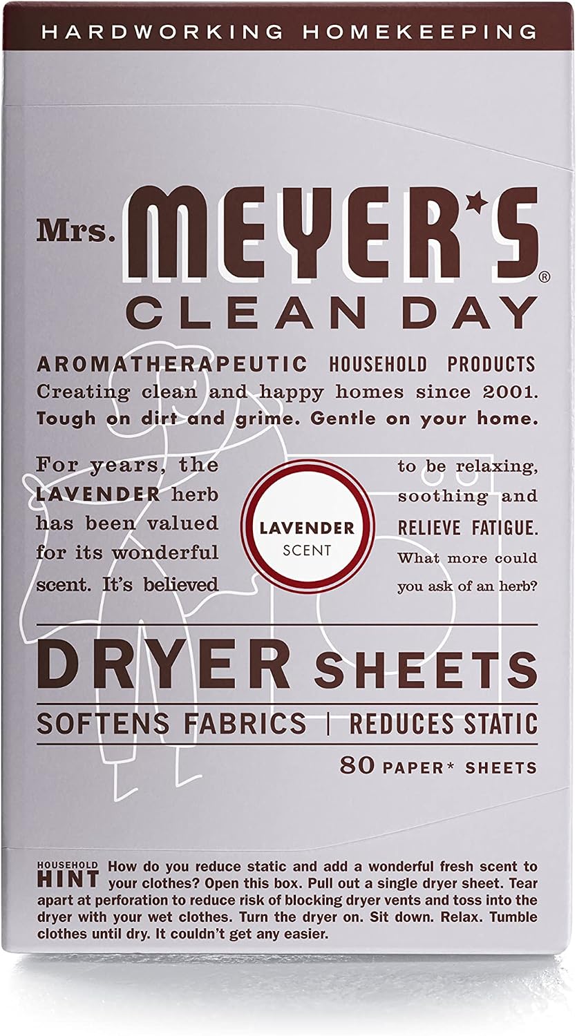 Mrs. Meyer's Dryer Sheets, Fabric Softener, Reduces Static, Infused with Essential Oils, Lavender, 80 Count