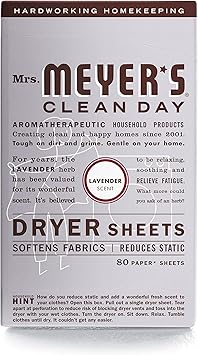 Mrs. Meyer's Dryer Sheets, Fabric Softener, Reduces Static, Infused with Essential Oils, Lavender Scent, 80 Count