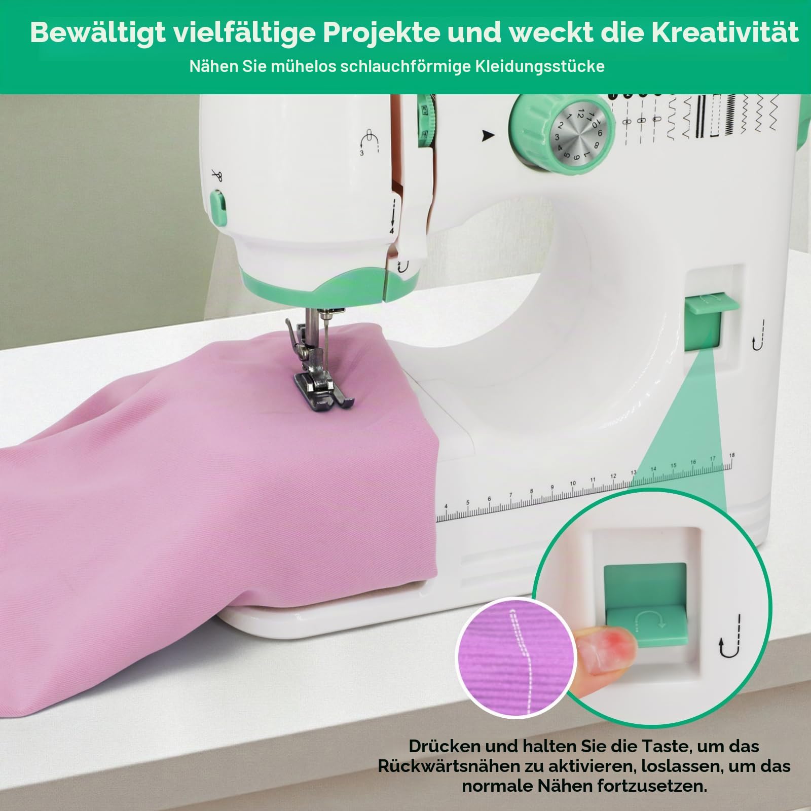 Nähmaschine für Anfänger, 12 Stichmuster & 2 Geschwindigkeiten | 12 Stichmuster, 2 Stufen & Doppelstich. Fußpedal/Knopf. LED-Licht, 9 Spannungen. Komplettset mit Zubehör.