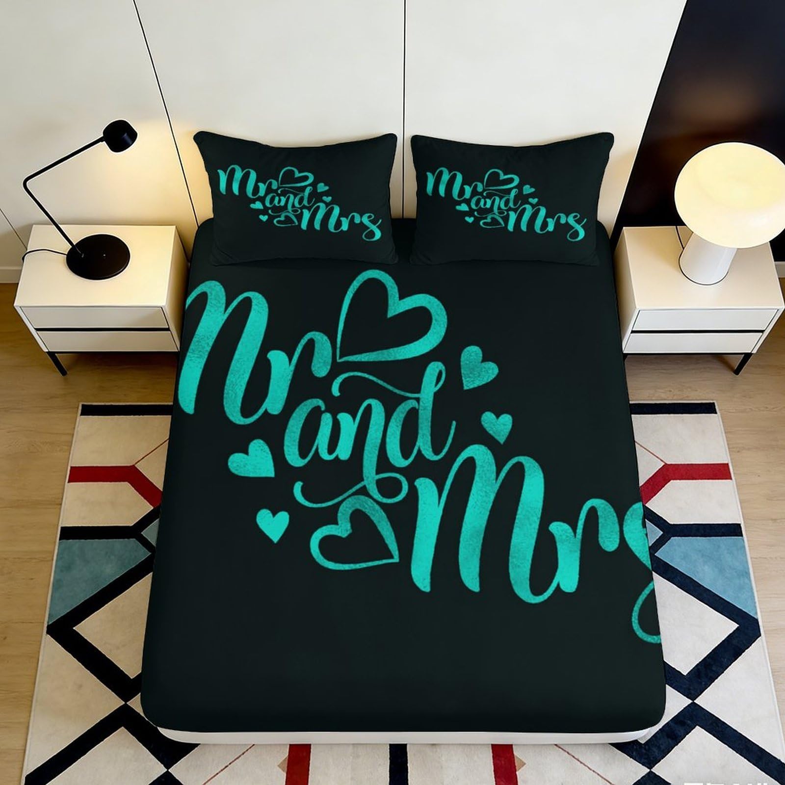 3D Printed Mr and Mrs Fitted Sheet Microfiber Black Heart Pattern Bed Cover for Bedroom Guest Room Decor 90x200x25cm