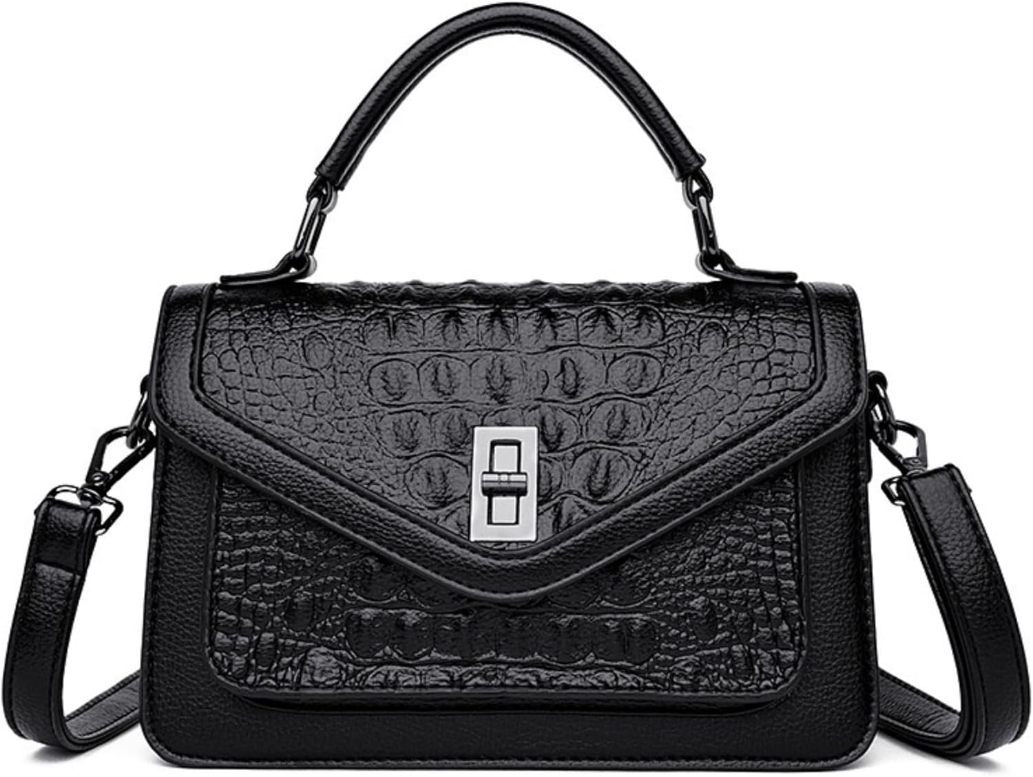 Women Vegan Leather Evening Handbag Crocodile Pattern Handle Clutch Purse Cross Body Envelope Bag