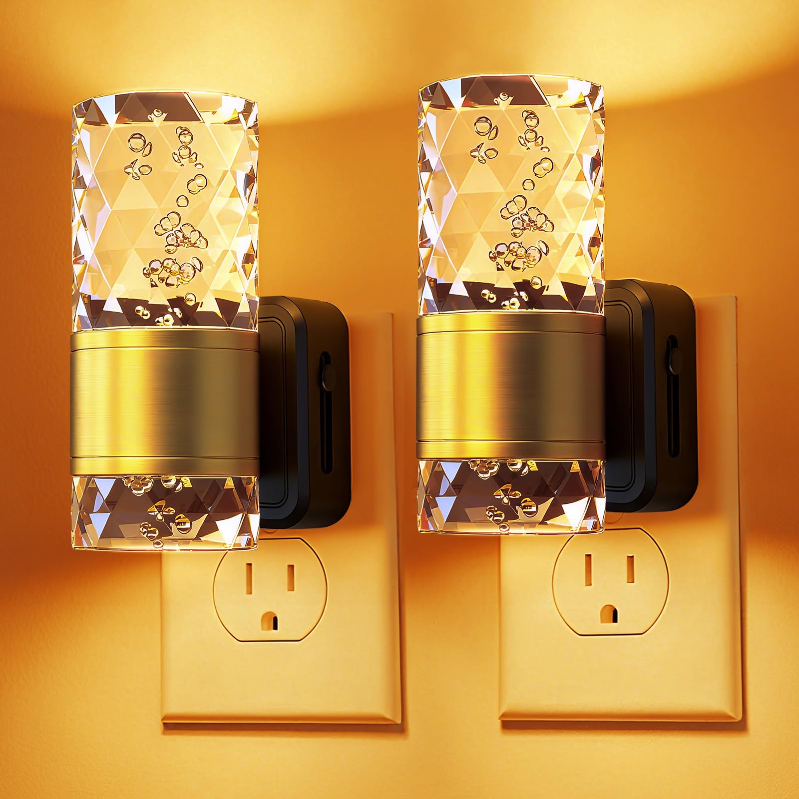 Pkbd Gold Night Light Plug In Wall With Dusk To Dawn Sensor, Adjustable 100Lm Brightness & 3000K Warm White Light, Automatic Plug In Night Light For Bedroom, Hallway, Stairs, Bathroom, Toddler, 2 Pack