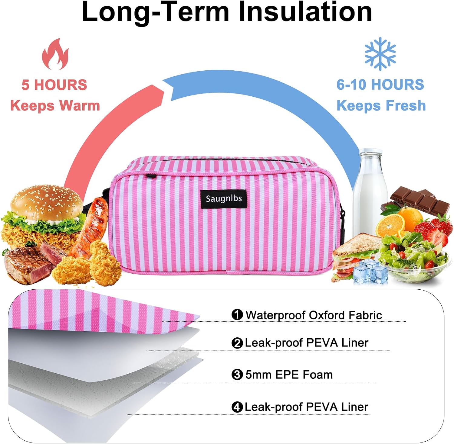 Small Cooler Bag,Mini Cooler Bag with Ice Packs,Insulated Lunch Bag with Handle Buckle,Freezable Lunch Bag for Travel/Work/School/Outdoors, 10“ x 4.5”x 5”,Stripes image 2