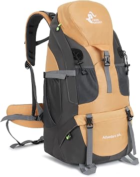 Bseash 50L Hiking Backpack, Water Resistant Lightweight Outdoor Sport Daypack Travel Bag for Camping Climbing Touring Gold - With Shoe Compartment