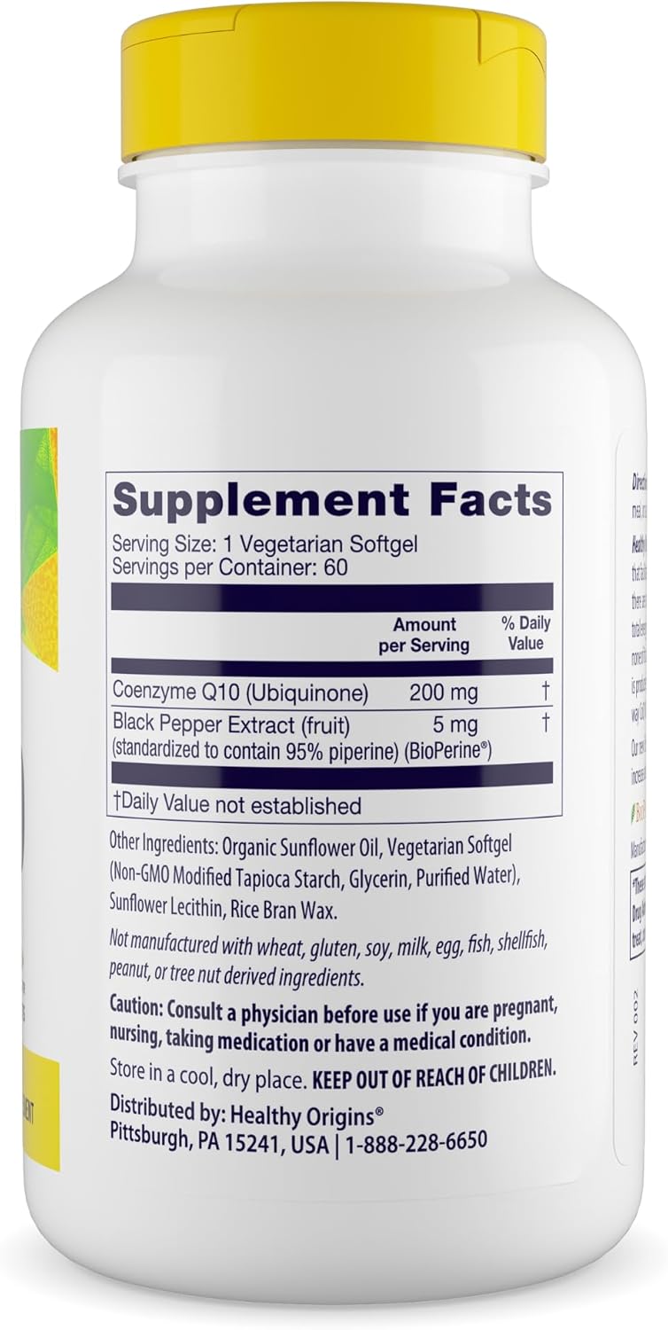 Healthy Origins Natural Enhanced CoQ10 (BioPerine®), 200 mg - Heart Health & Energy Supplement - Gluten-Free & Non-GMO Supplements, with BioPerine & Sunflower Lecithin ((Pack of 1) 60 Veggie Gels) - Image 3