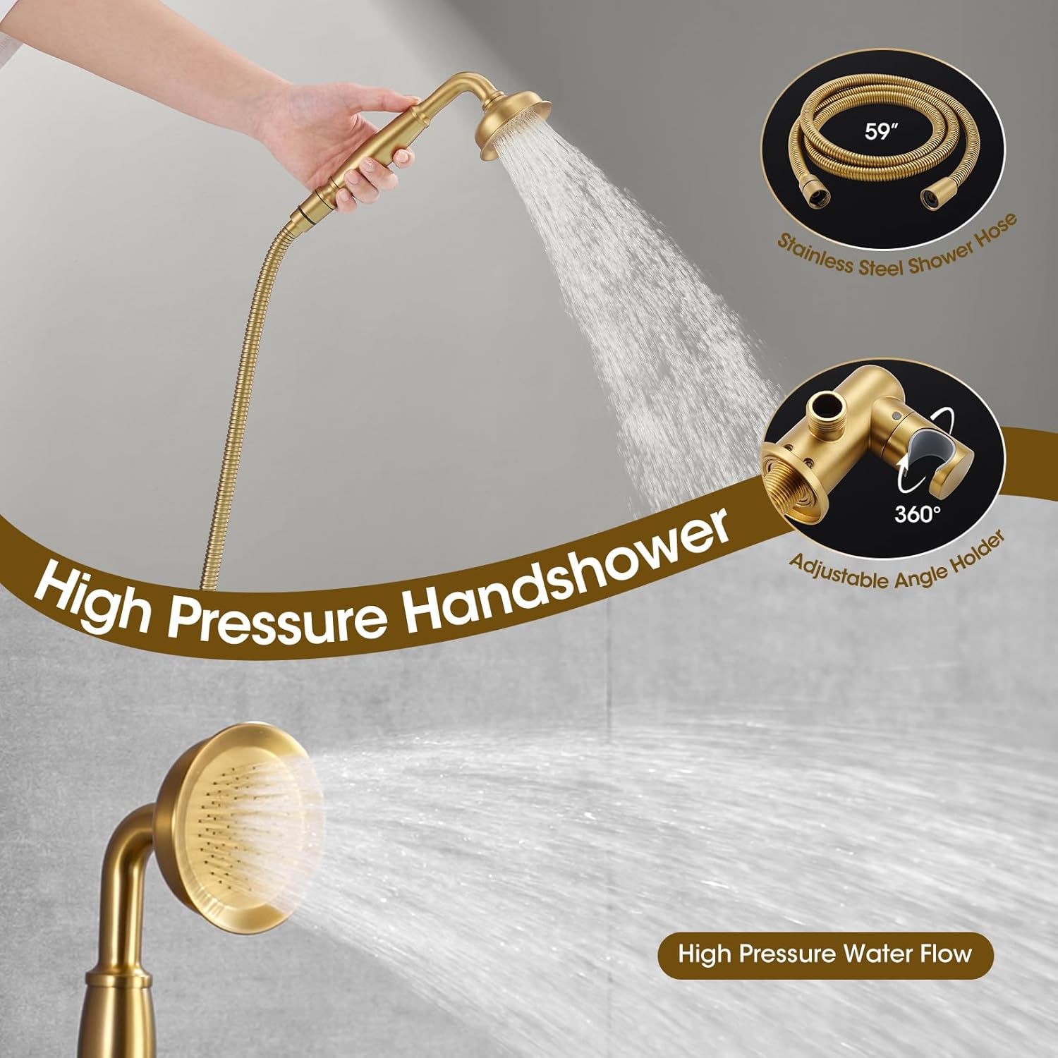 Rain Shower Head with Handheld Spray, Rainfall Shower System with Rough-in Valve, Luxury Shower Trim Kit Wall Mount, Brushed Gold - Image 7
