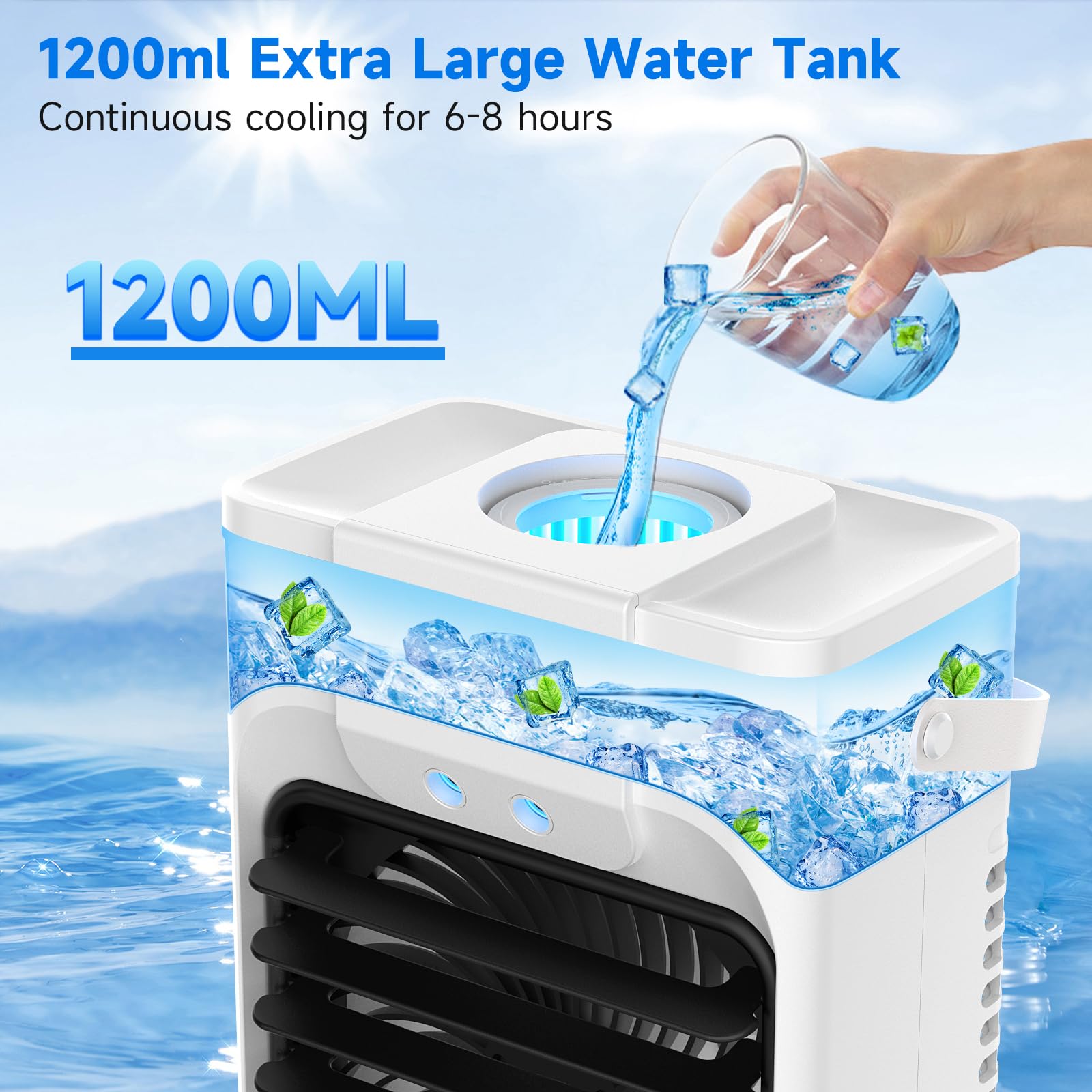 1200ml Aire Acondicionado Portatil con Mando, 5 en 1 Mini Aire Acondicionado, 3 Velocidades, 3 Modos de Nebulización, Luz de 7 Colores, Temporizador de 2-8H, Enfriador de Aire Portátil Interior — view 2