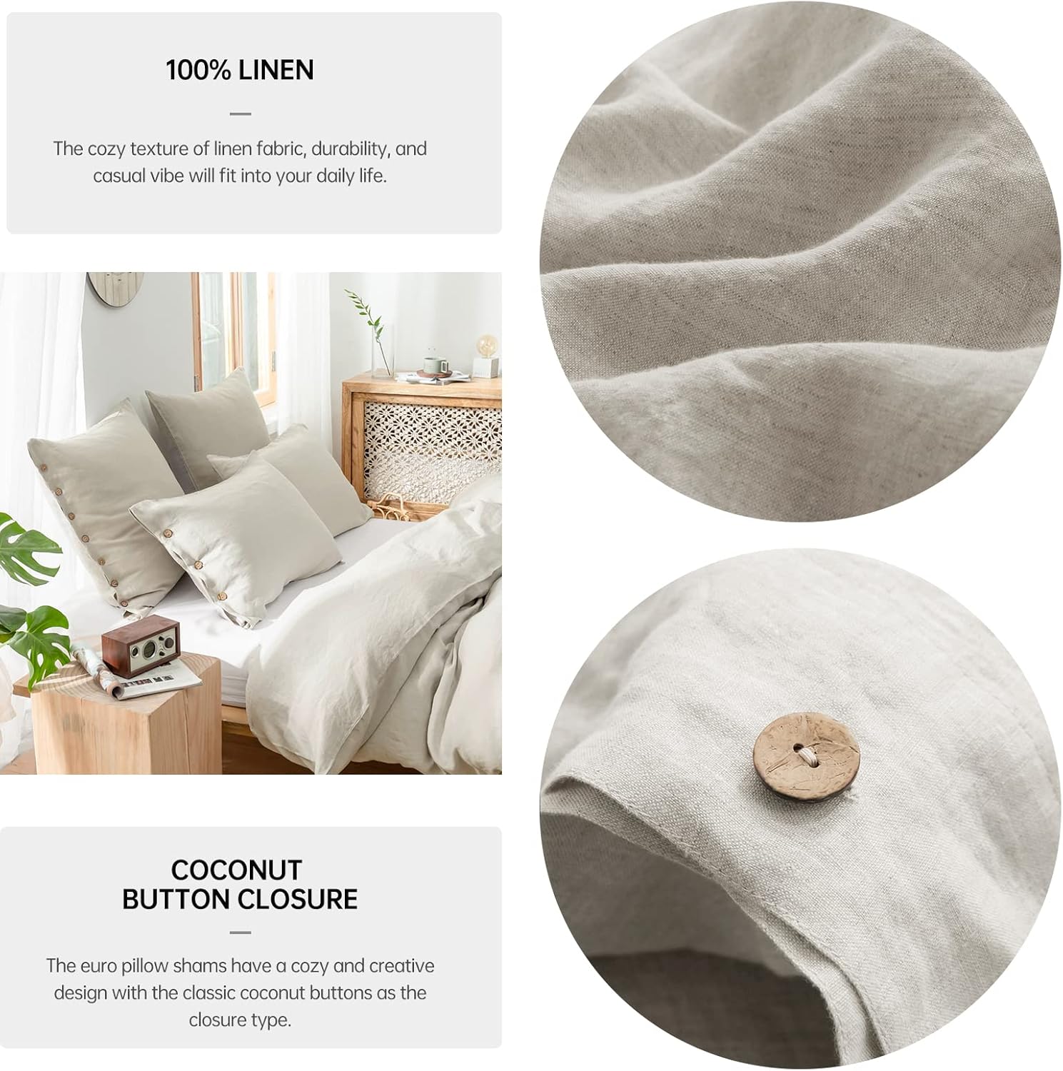 Simple&Opulence 100% Washed Linen Euro Sham Cover, 26 x 26 Inch, Decorative Bed Pillow Cover with Coconut Button, Solid Color Pillow Shams Set of 2 (Natural Linen) - Image 2