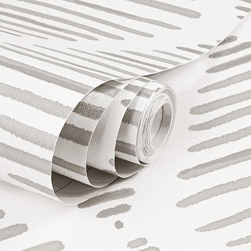 Miniatura 9 de WENMER Papel tapiz geométrico para despegar y pegar de 17.3 x 118 pulgadas, papel tapiz de rayas gris y blanco, papel tapiz geométrico,