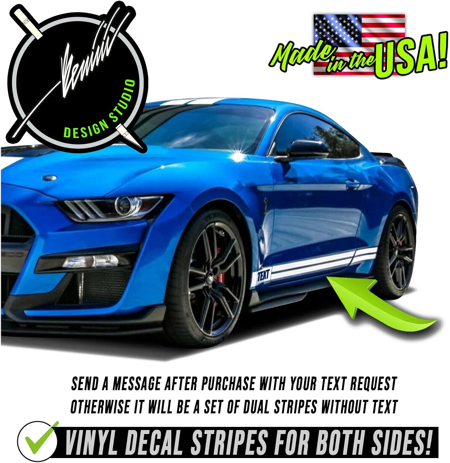 Side Lower Door Rocker Dual Vinyl Racing Stripes - Compatible with Ford Mustang 2015-2023 GT Shelby GT500 (Gloss Black)