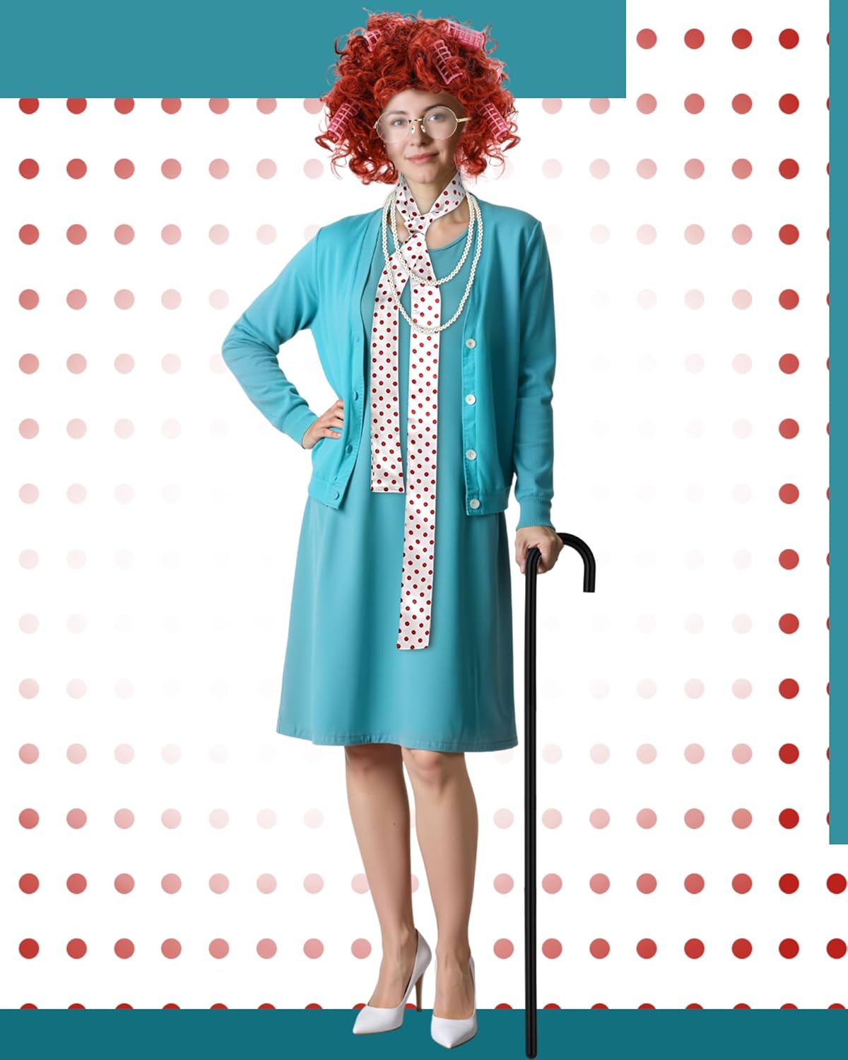 7 Pcs Old Lady Costume for Women 100 Days of Adult Grandma Costume Outfit Dress Granny Sweater Nightgown Wig - Image 4