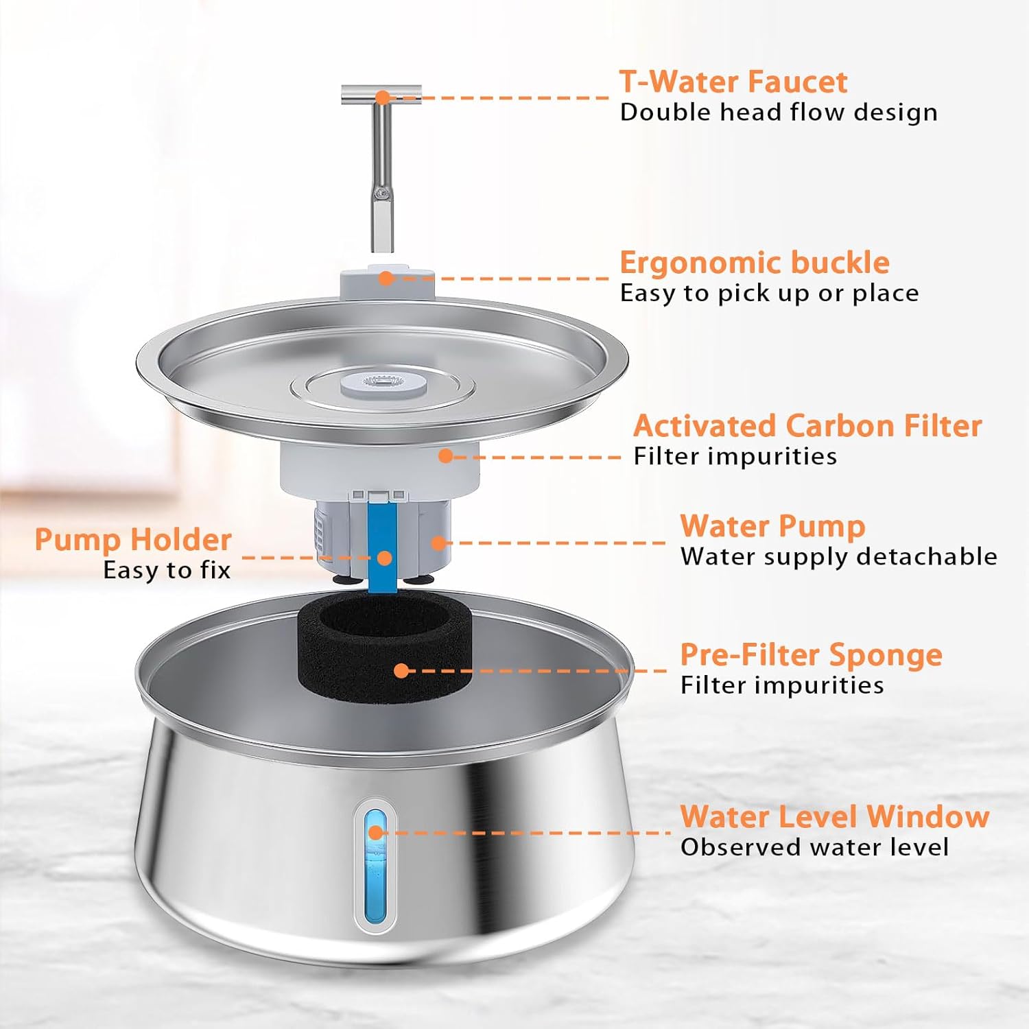 Stainless Steel Cat Water Fountain 4L/135oz Large Capacity Automatic Pet Water Fountain - Dog Water Dispenser with Water Level Window, Multi-Filter, Silent Pump, Provides Flowing Water