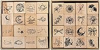 Hacaroa 32-Piece Wooden Rubber Stamp Set: Moon Star Botanical Designs for Journal, Scrapbook, Planner, DIY Crafts & Card Making