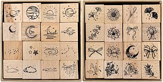 Hacaroa 32-Piece Wooden Rubber Stamp Set: Moon Star Botanical Designs for Journal, Scrapbook, Planner, DIY Crafts & Card Making