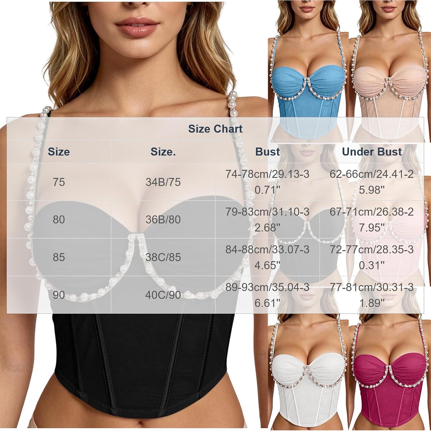Women's Rhinestone Chain Strap Bustier Crop Top Corset Cami Tank | Push-Up Boned Spaghetti Strap Corset, Sweetheart Neckline with CRYSTAL, JEWEL Trim, for Club, Party, Date Night