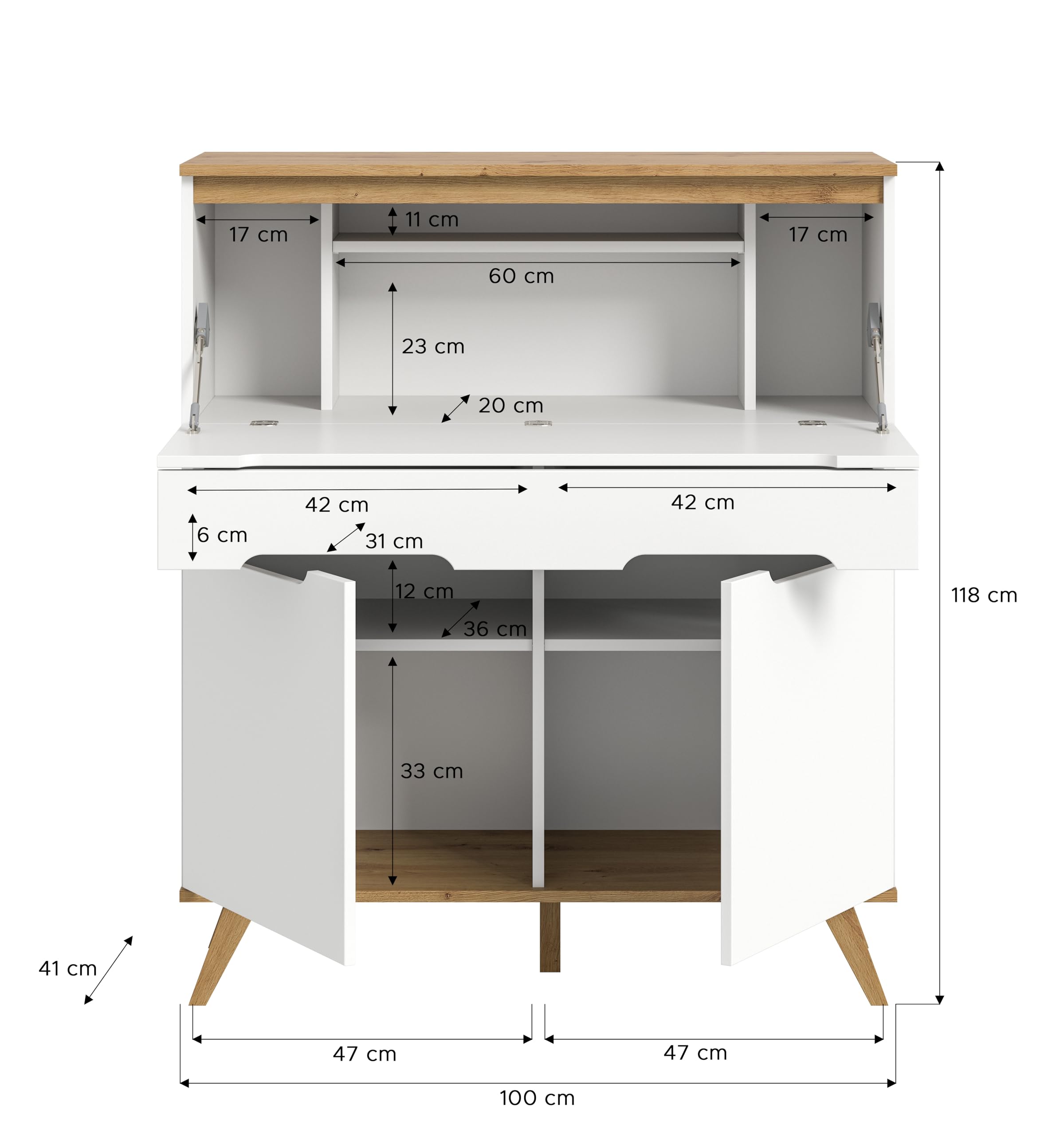 xonox.Home - Sekretär Stockholm 100x118x40 cm in weiß und Nox Eiche - Sekretär Schreibschrank Schrank Stauraumschrank - Pflegeleichte Oberfläche robust und langlebig
