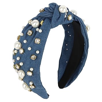 Blue Headband for Women Girls Pearl Knotted Headband Clear Rhinestone Head Band Denim Blue Hair Accessories Women