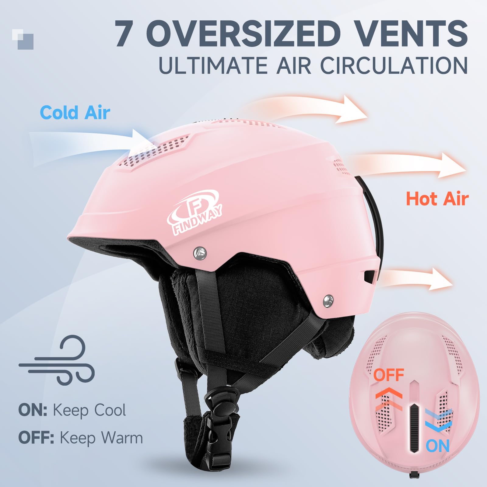 Findway - Casco da sci unisex, da donna e uomo, per adulti, bambini, con aperture di ventilazione regolabili, compatibile con occhiali da sci per chi indossa gli occhiali, casco da snowboard, S/M/L