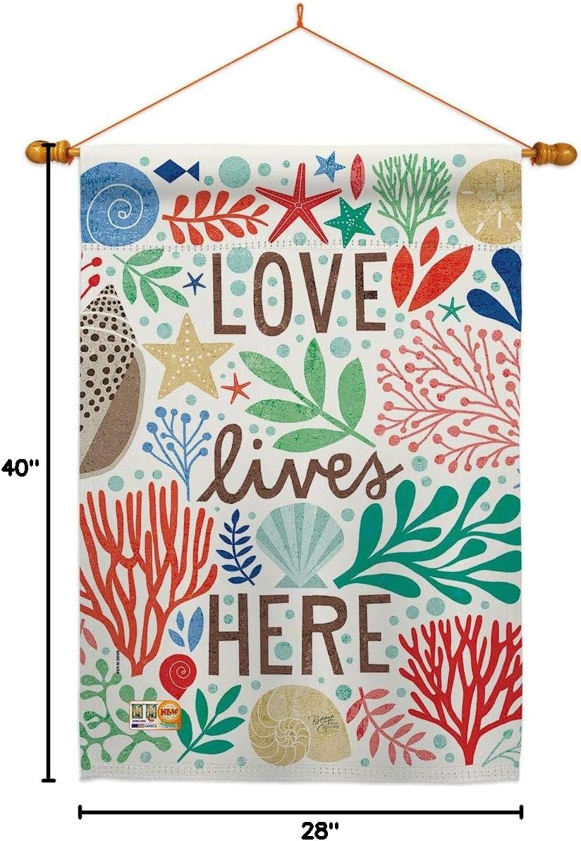 Love Lives Here House Flag Dowel Set Coastal Beach Tropical Sea Shells Ocean Sand Outdoor Summer Coral Small Decorative Gift Yard Banner Made In USA 28 X 40