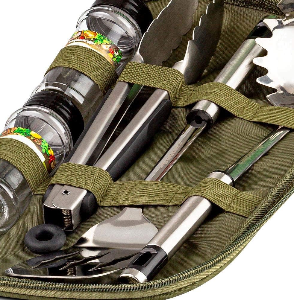 11 Piece Camp Kitchen Cooking Utensil Set Travel Organizer Grill Accessories Portable Compact Gear for Backpacking BBQ Camping Hiking Travel Cookware Kit Water Resistant Case (Green) : Sports & Outdoors