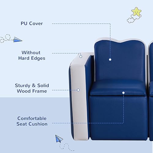 Miniatura 6 de Qaba Juego de sofá para niños, 2 en 1, multifuncional, juego de sillas de mesa para niños, 2 asientos, caja de almacenamiento, suave y resistente,