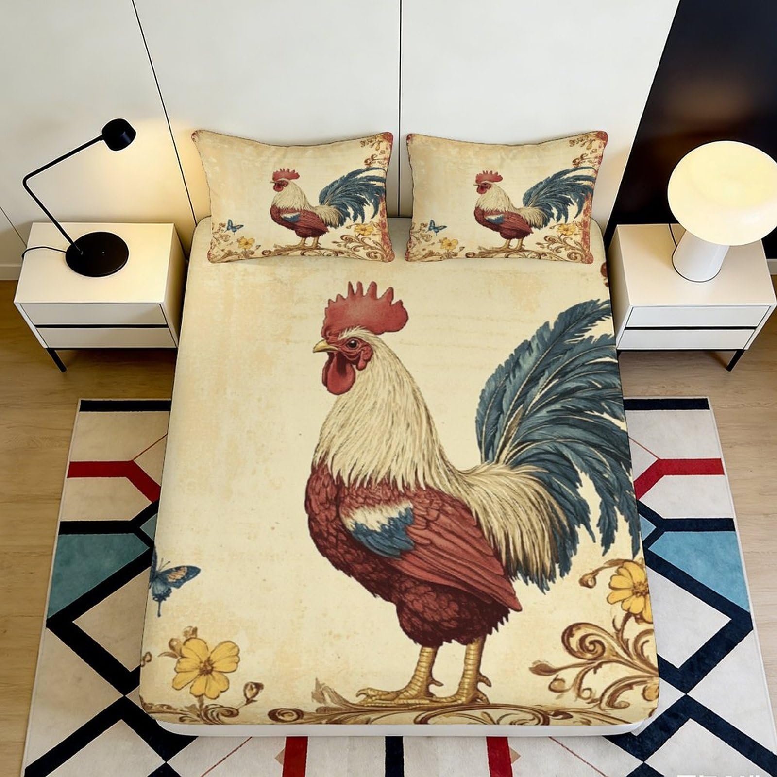 3D Printed Rooster Art Fitted Sheet Microfiber Soft Farmhouse Vintage Bird Mattress Cover for Bedroom Guest Room Decor 90x200x25cm