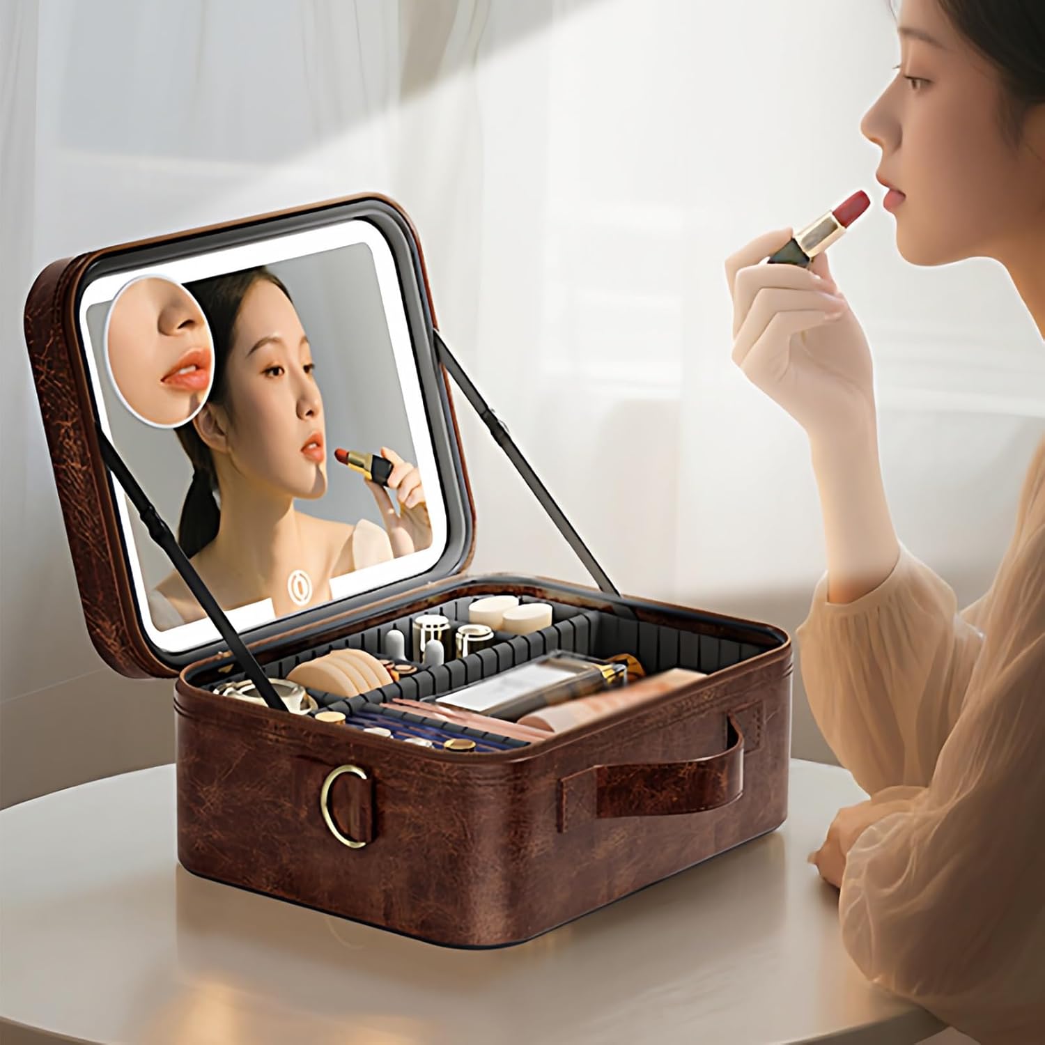 ライト付き 化粧収納ケース 大容量 充電式 ミラー 3色調光調色 可動式仕切り 角度調整可能 PUレザー 防水 持ち運び便利 旅行