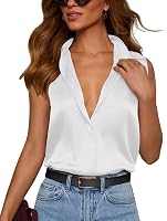 Plilima Women's Satin Sleeveless Button Down Shirt - V-Neck Silk Tank Top Blouse for Work Casual Office