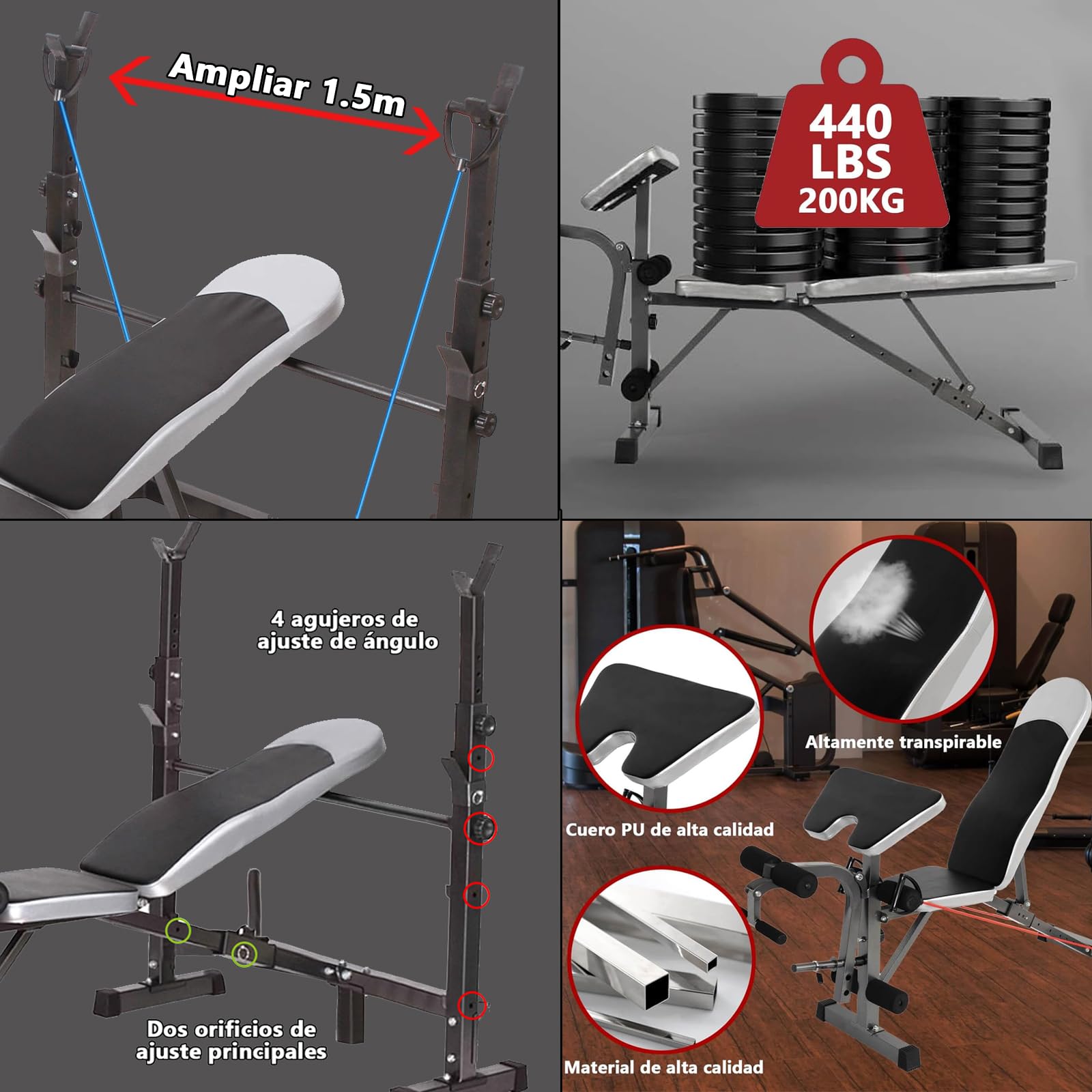 Banco Musculación Multifuncional,Banco Press Banca Polea Gimnasio Casa,Maquina Multifuncion Musculacion,Max 300 kg(Banco Multifuncional con Barra Alta y Soporte para Mancuernas)