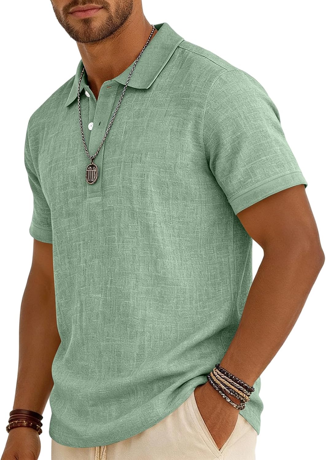 Men's Polo Shirt, Short Sleeve Solid Linen Tshirt Athletic Golf Polos Casual Stylish Collared Shirts, S-4XL