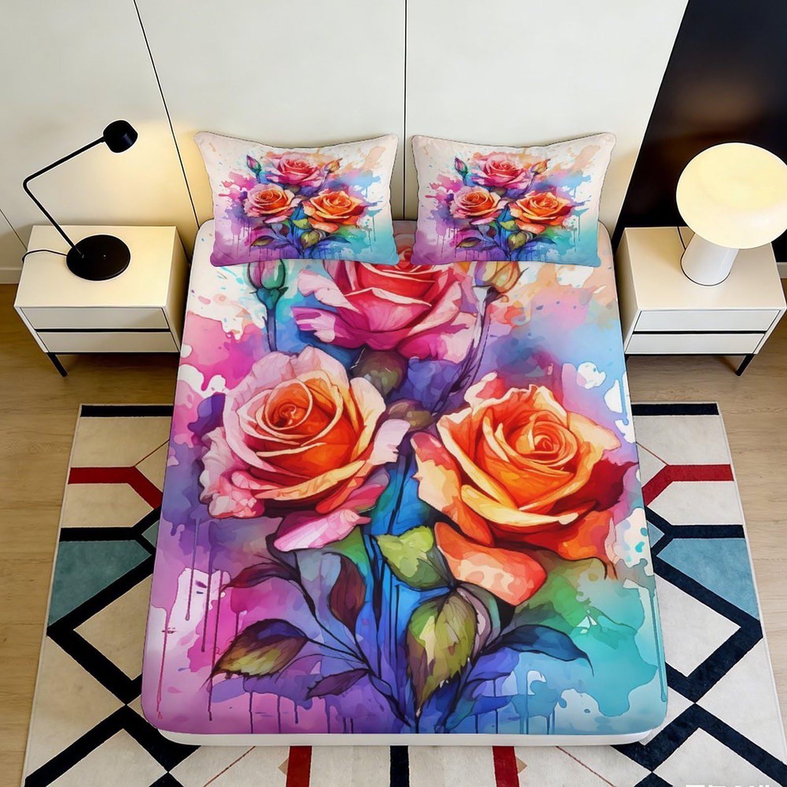 3D Printed Watercolor Rose Fitted Sheet Microfiber Deep Pocket Bedroom Bedding Non-Slip Watercolor Rose Mattress Fitted Cover Washable for Adults 200x200x25cm