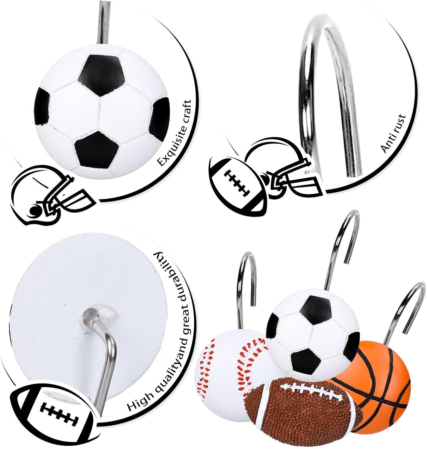 JarThenaAMCS 12Pcs Sports Ball Shower Curtain Hooks Football Basketball Baseball Soccer Curtain Rings Decorative Hanger Hooks for Living Room Bedroom Bathroom Decor, 4 Designs image 3