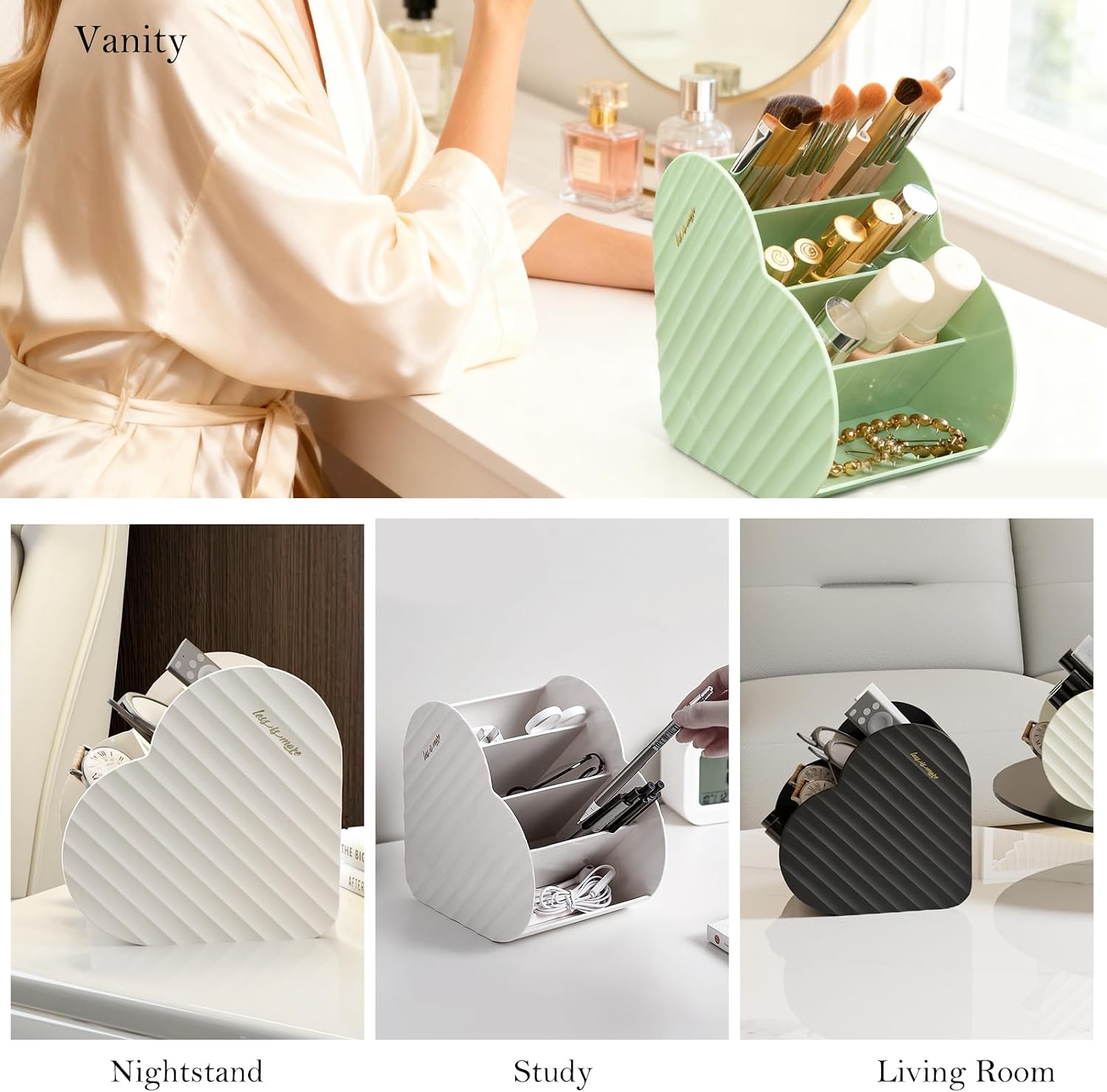 Heart-Shaped Slanted Makeup Organizer – 4-Compartment Tiered Storage, Durable Food-Grade Material, Stylish Vanity & Desk Cosmetic Holder (Black)