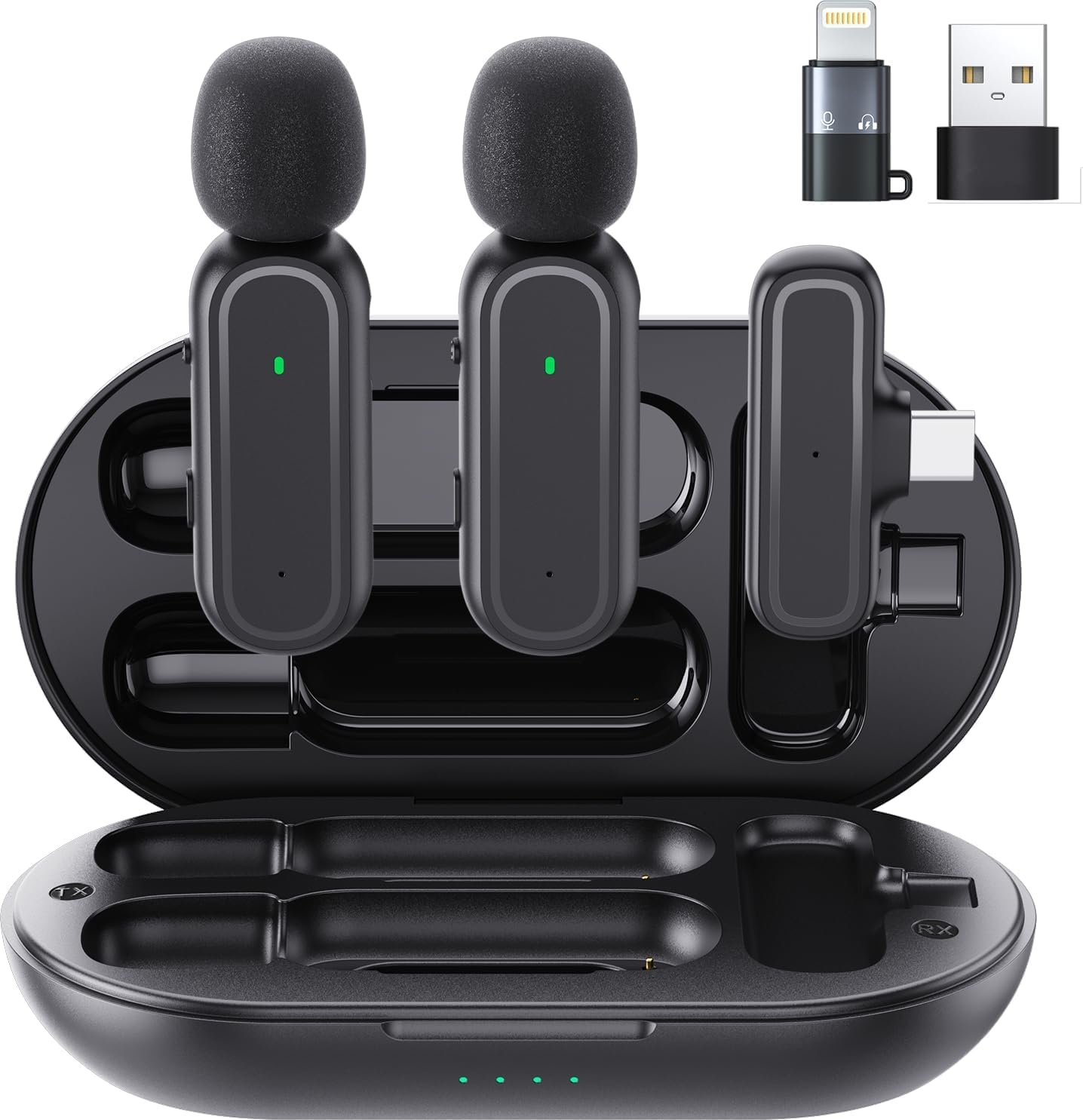 2Pack Professional Wireless Lavalier Microphone for iPhone iPad Android PC with Adapter Included, Noise Reduction Clip on Lapel Mic with Charging Case for YouTube, Recording, Vlog, Tiktok