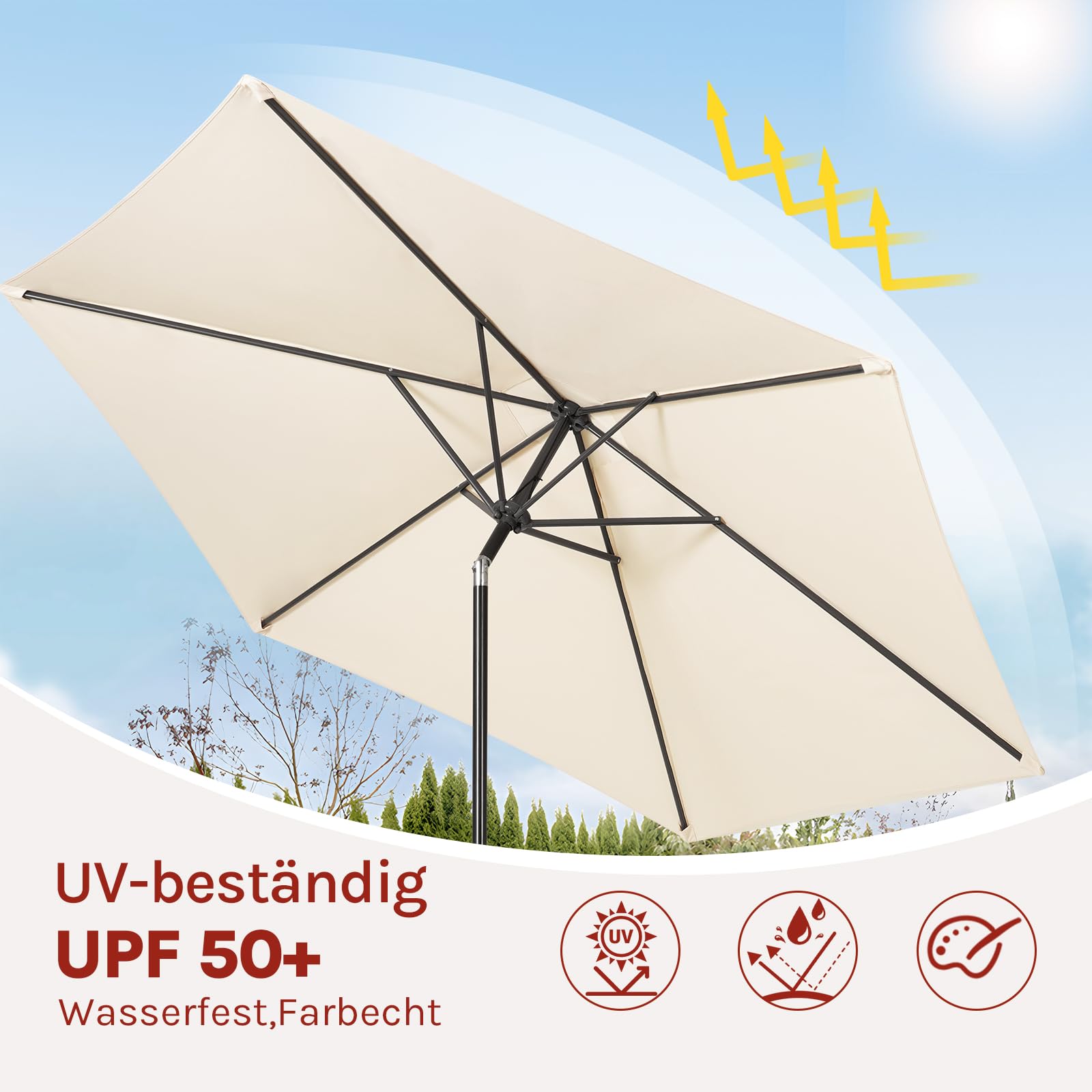 WOLTU Sonnenschirm φ270cm, Balkonschirm Strandschirm UV-beständig Wasserdicht, 45° knickbar, mit Handkurbel Tragetasche, für Balkon Garten Terrasse Pool, Sechseckig, Beige
