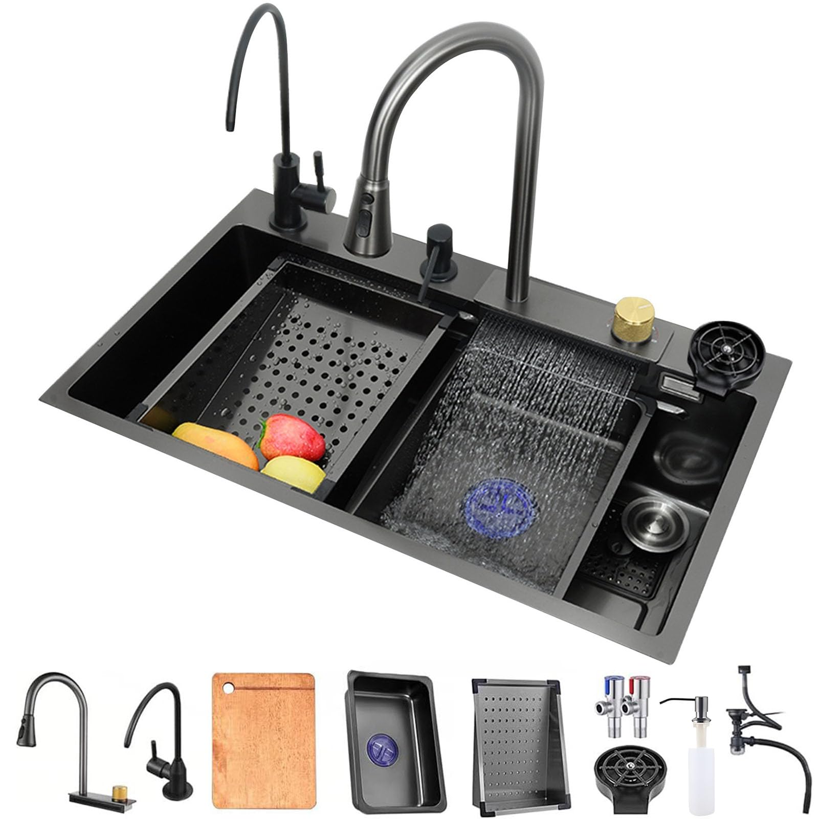 ZQFHSX Kitchen Sink, 304 Stainless Steel Nano Waterfall Single Workstation Sink with Flying Rain Pull-Out Faucet, Pressurized Cup Washer (Color : Black Grey-A, Size 80x45x21cm)