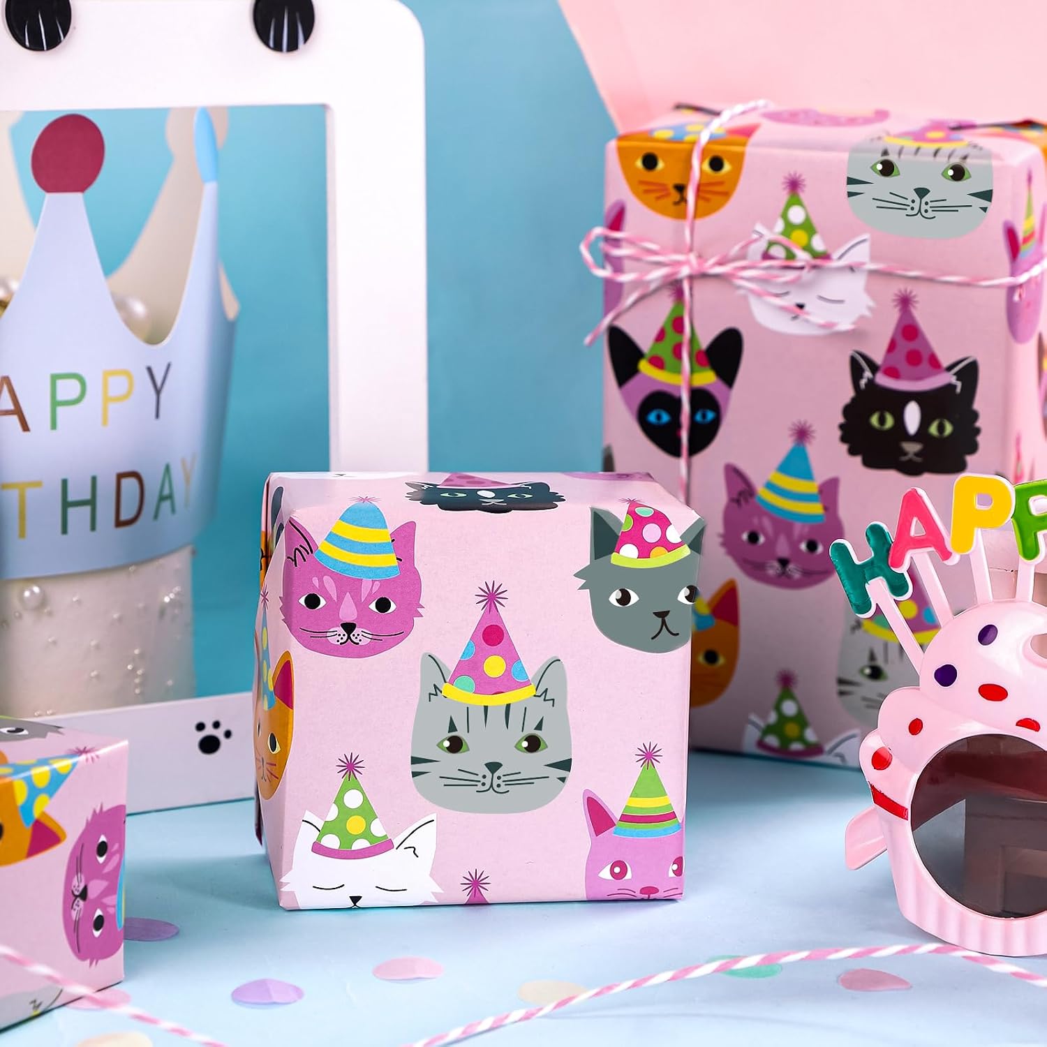 WRAPAHOLIC Kitty Cat Wrapping Paper Roll - Mini Roll - 17 Inch x 33 Feet - Pink Adorable Birthday Kitty Design, Perfect for Kids Girls Birthday, Baby Shower, Cat Lover