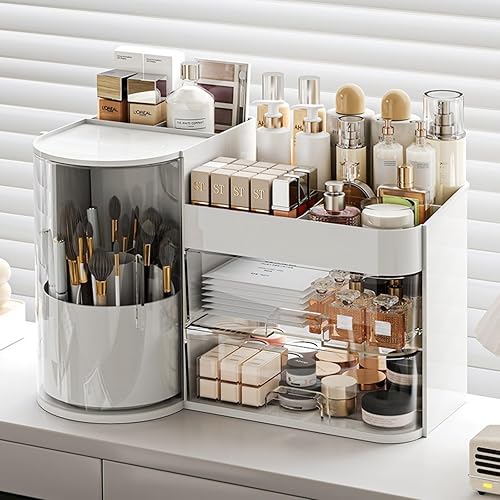 Miniatura 1 de Organizador de maquillaje con soporte giratorio para cepillos, organizador de cosméticos con cajones, organizador de cuidado de la piel para