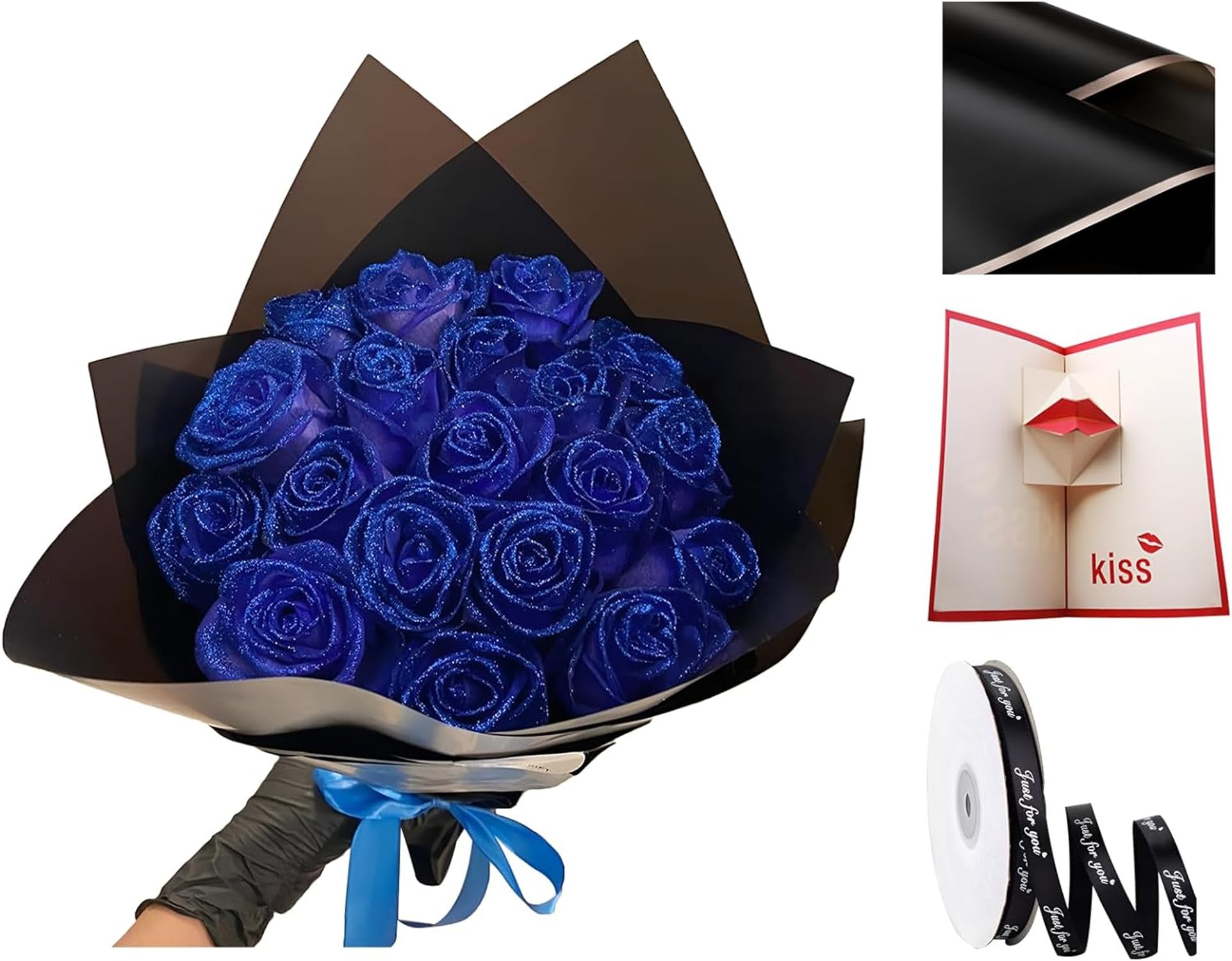 Ramo de rosas artificiales con purpurina (autoensamblaje), ramo de rosas artificiales brillantes eternas, regalos de amor para regalo del día de San Valentín, aniversario, compromiso (azul, 50