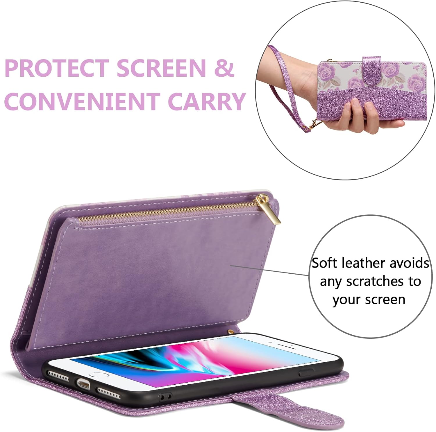 UEEBAI Wallet Case for iPhone 16, PU Leather Wallet Magnetic Closure Handbag Zipper Pocket Cover Kickstand Card Slots with Hand Strap Rose Flip Case for Women - Glitter Purple - Image 4