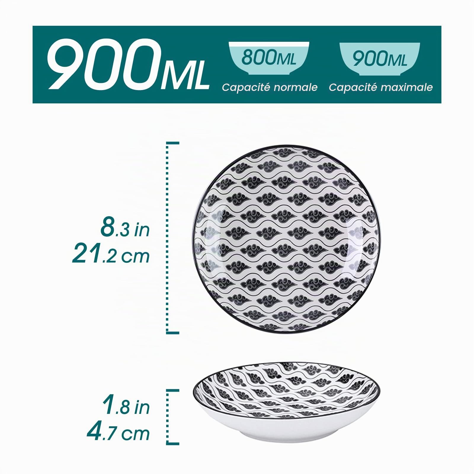 vancasso Haruka Lot de 4 assiettes creuses en porcelaine - Diamètre : 21 cm - 700 ml