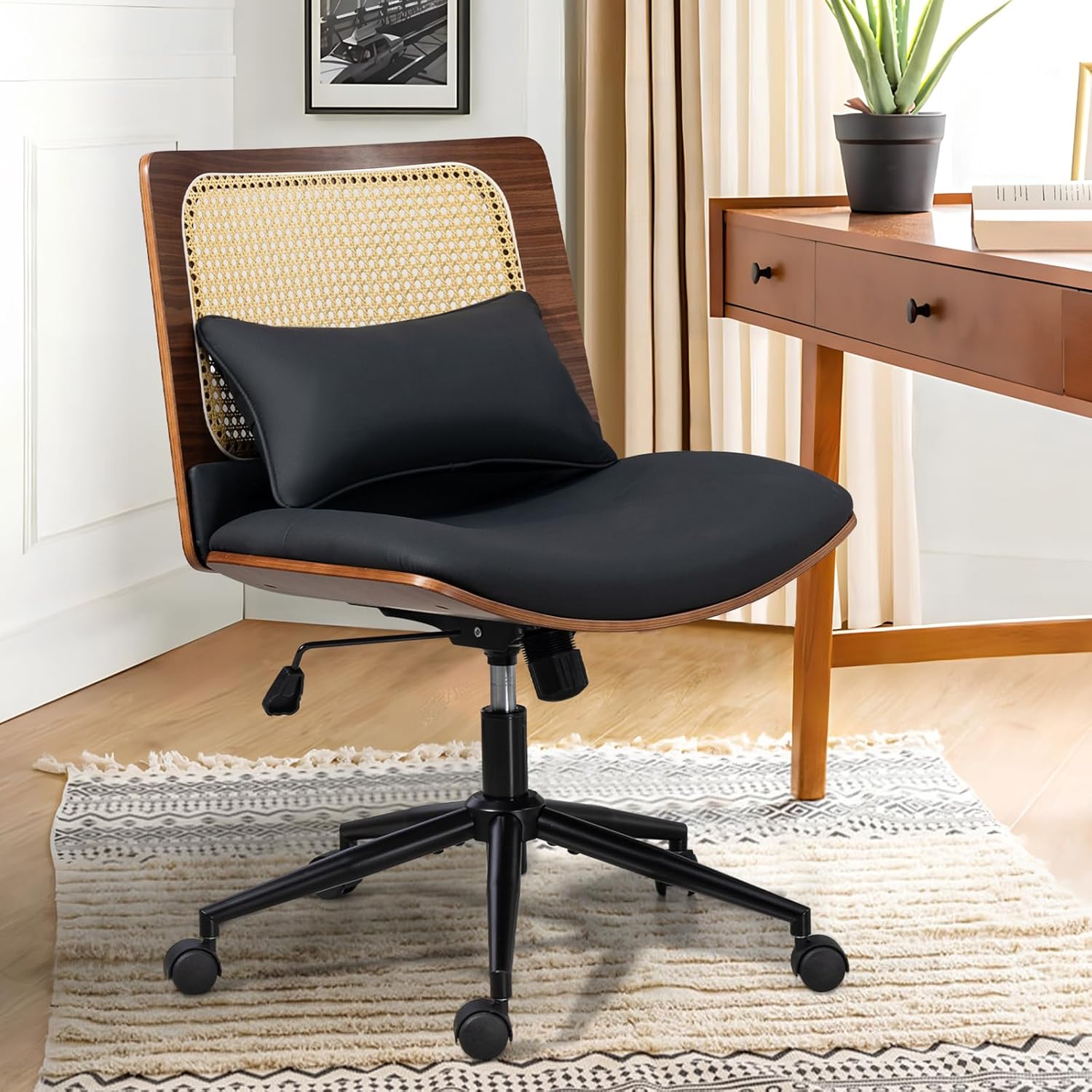 Armless Rattan Office Desk Chair with Wheels, PU Egypt Ubuy