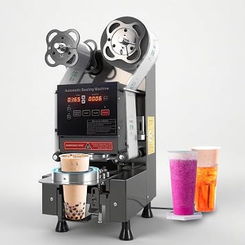 Cup Sealing Machine, Full Automatic Cup Sealer Machine 90/95mm Electric boba Cup Sealing Machine 500-650 Cups/H Digital Control LCD Panel Suitable for Bubble tea, Coffee, Drinks, Desserts Black